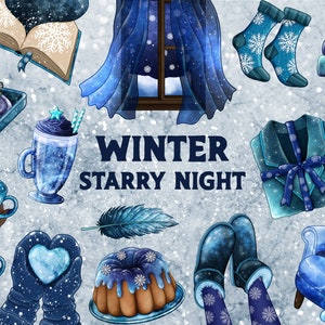 Clipart PNG notte d'inverno stellato, clipart Cozy Winter Cottagecore, clipart Cold Winter, Winter Wonderland PNG Download istantaneo