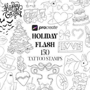 May include: A black and white digital illustration set of 150 holiday themed tattoo stamps. The set includes images of hearts, bunnies, a Christmas tree, a skull, a ghost, a witch's hat, a cupcake, a present, a bow, a candy cane, a shamrock, a four-leaf clover, a rabbit, a vampire's mouth, a  lucky you heart, a  13, a  ho ho ho, and more.