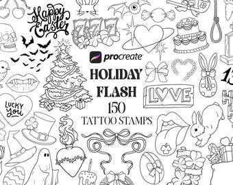 Holiday Flash Tattoo Procreate Stamps, Mini Tattoo Procreate stamp, Valentines Day Stamps, Easter Stamps, St Patrick Day Procreate Brush