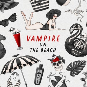 Vampiro sulla spiaggia clipart goth pastello, clipart estiva Goth, clipart Summer Vampire, Hot Ghoul Summer png, download digitale stampabile