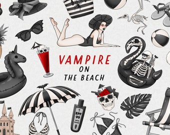 Vampire on the beach pastel goth clipart, Goth summer clipart, Summer Vampire clipart, Hot Ghoul Summer png, printable digital download