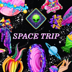 Clipart de viagem espacial psicodélica, galáxia cósmica, espaço sideral PNG, clipart de OVNI, alienígena, astronauta, doces cósmicos PNG para download digital