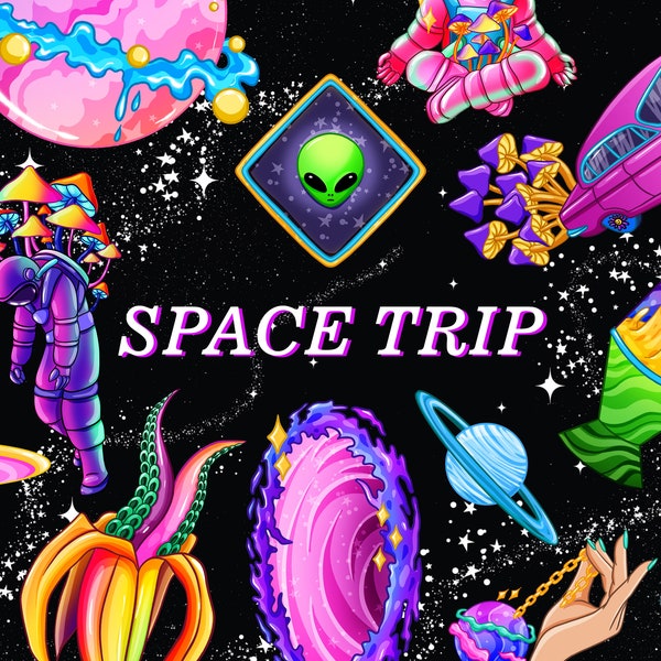 Psychedelic Space Trip clipart, Cosmic galaxy, Outer space PNG, UFO clipart, Alien, Astronaut, Cosmic Candy PNG for digital download
