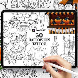 Halloween Tattoo Procreate stamps, Spooky Procreate Stamps, Witch Procreate stamps, Procreate brush, Procreate Halloween, Procreate bundle