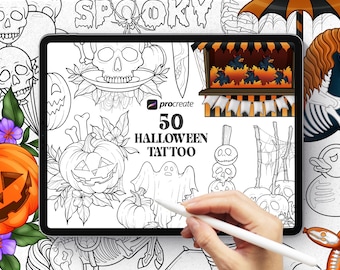 Halloween Tattoo Procreate stamps, Spooky Procreate Stamps, Witch Procreate stamps, Procreate brush, Procreate Halloween, Procreate bundle