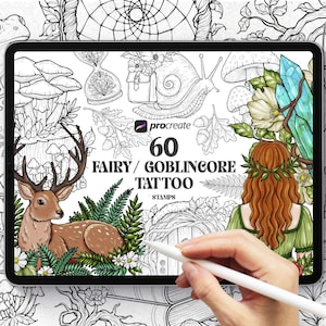 May include: A digital art illustration on a tablet featuring 60 fairy/goblincore tattoo stamps. The image includes a deer, mushrooms, a snail, and a woman with red hair. The tablet is being held by a person with a stylus.