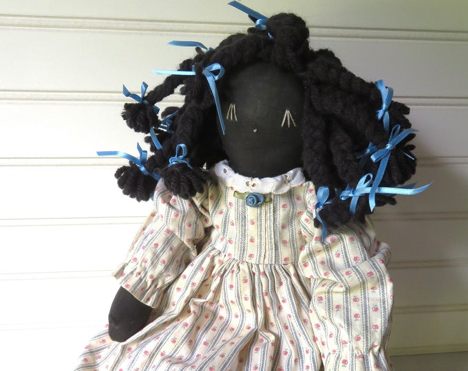 Vintage Black Rag Doll, Handmade, Braids With Ribbon Bows, Americana