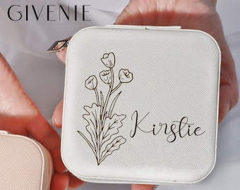 Joyero grabado, estuche de viaje de cuero para joyas, regalo para propuesta de dama de honor, regalo para despedida de soltera, regalo de cumpleaños, joyero con flor de nacimiento.