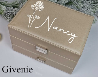 Portagioie personalizzato con fiore di nascita, grande organizer per gioielli con cassetto, custodia portagioie per donna, regalo di compleanno