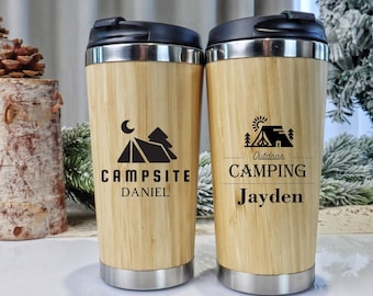 Personalised Bamboo Tumbler, Custom Laser Engraved Tumbler, Camping Travel Mug, Campfire Cup, Adventure Mug, Hiking Tumbler, Coffee Mug