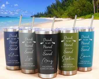 Aangepaste beker voor strandfeest, gegraveerde tropische koffiemok, gegraveerde drinkgerei voor de zomer, gepersonaliseerde beker voor aan het zwembad, 20 oz gegraveerde reisbeker