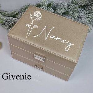 Boîte à bijoux personnalisée pour fleurs de naissance, grand organisateur de rangement de bijoux avec tiroir, étui à bijoux pour femmes, cadeau d'anniversaire