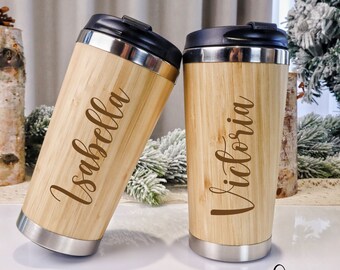 Custom Bamboo Mug, Fit Car Cup Holder Coffee Mug, Personalized Bamboo Insulated Travel Tumbler, Eco Friendly Bamboo Stainless Steel Cup
