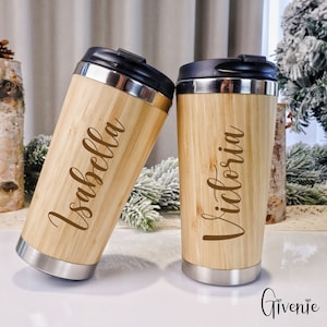 Custom Bamboo Mug, Fit Car Cup Holder Coffee Mug, Personalized Bamboo Insulated Travel Tumbler, Eco Friendly Bamboo Stainless Steel Cup
