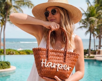 Custom Name Woven Beach Bag, Personalized Straw Tote with Handles, Poolside Tote, Honeymoon Gift, Bridesmaid Proposal Gift, Gift for Her