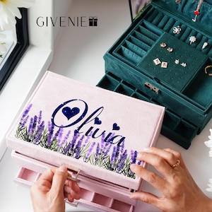 Portagioie in velluto personalizzato per donna, grande organizer per gioielli, regalo per damigella d'onore, regalo per figlia, regalo per ragazza, portagioie floreale, regalo per lei