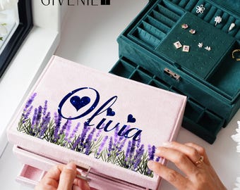 Aangepaste vrouwen fluwelen sieradendoos, grote sieradenorganisator, cadeaus bruidsmeisje, cadeau voor dochter, meisjes cadeau, bloemen sieradendoos, cadeau voor haar