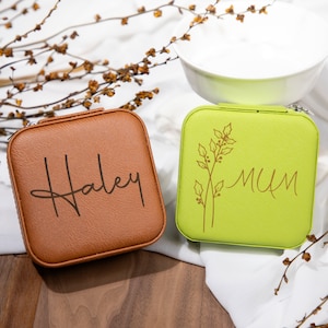 Custom Engraved Jewelry Box, Leather Jewelry Travel Case, Birthflower Jewelry Box, Birthday Gift, Gift for Her