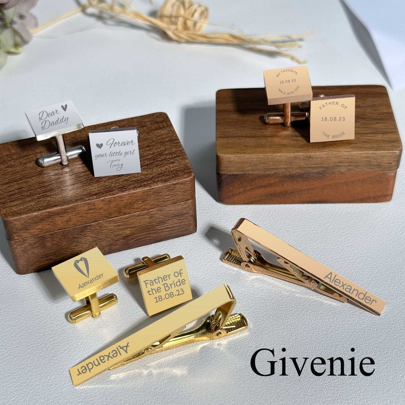 Personalized Gold Cufflinks, Custom Cufflink & Tie Clip Set, Engraved