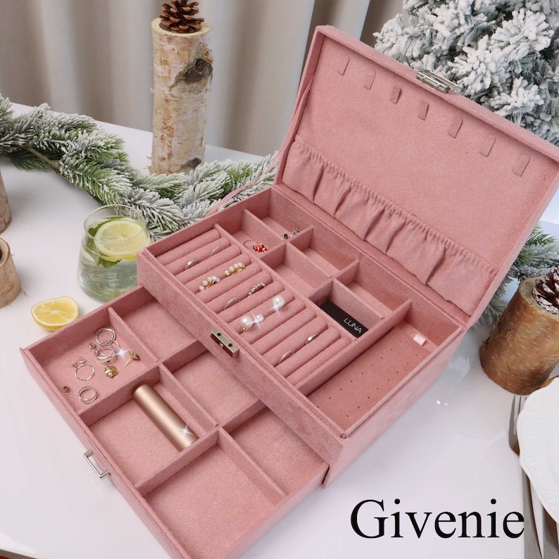 Organizador de caja de joyería de terciopelo personalizado para mujeres y niñas, organizador de almacenamiento de joyas grande, estuche organizador de joyas, regalos de Navidad imagen 2