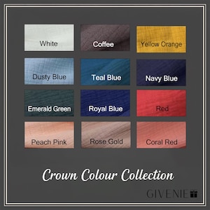 May include: A color palette featuring fabric swatches in various shades, including white, coffee, yellow orange, dusty blue, teal blue, navy blue, emerald green, royal blue, red, peach pink, rose gold, and coral red. The text "Crown Colour Collection" is displayed.