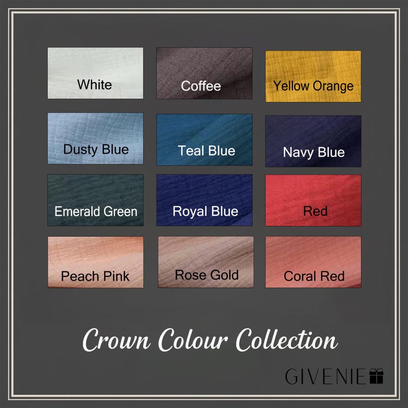 May include: A color palette featuring fabric swatches in various shades, including white, coffee, yellow orange, dusty blue, teal blue, navy blue, emerald green, royal blue, red, peach pink, rose gold, and coral red. The text "Crown Colour Collection" is displayed.
