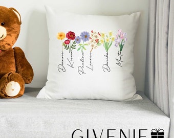 Almohada de flor de nacimiento personalizada, almohada personalizada con flor de nacimiento, almohada de nombre personalizado, jardín de la abuela, almohada de flores del mes de nacimiento