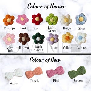 May include: A display of handmade crochet flowers and bows in various colors. The flowers include orange, pink, red, light green, beige, blue, baby pink, brown, dark green, lilac, yellow, and white. The bows are white, peach, pink, and green.