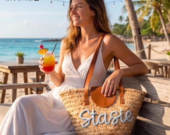 Personalized Woven Straw Tote Bag, Custom Name Beach Bag, Monogram Summer Tote, Bridesmaid Gift, Vacation Basket Purse, Bridal Party Gift