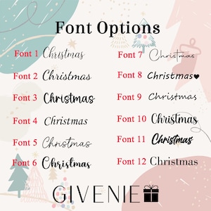 May include: A graphic displaying "Font Options" with twelve different font styles for the word "Christmas". The image has a festive theme with decorative elements and the brand name "GIVENIE".