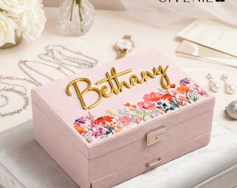 Personalized Birthday Jewelry Box, Custom Acrylic Name Organizer, Gift for Her, Large Floral Jewelry Organization Box, Gift for Girl Women
