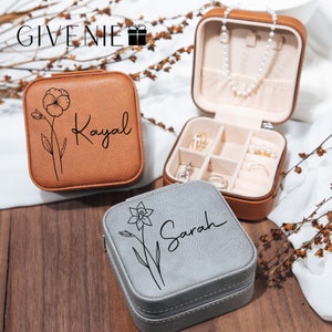 Boîte à bijoux gravée personnalisée, Étui de voyage à bijoux en cuir, Boîte à bijoux fleur de naissance, Cadeau d'anniversaire, Cadeau pour elle, Cadeau de Noël