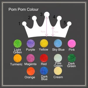 May include: A color chart titled "Pom Pom Colour" with a white crown graphic and colored circles. The chart includes colors like light green, purple, yellow, sky blue, pink, turmeric, magenta, red, orange, dark blue, pale green, dark green, and cream.