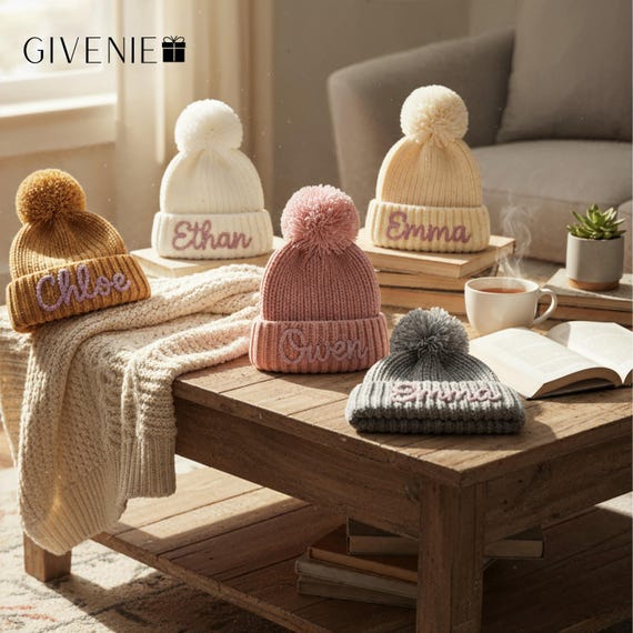 Hand Embroidered Kids Hat With Pom Pom, Personalized Name  display picture 1