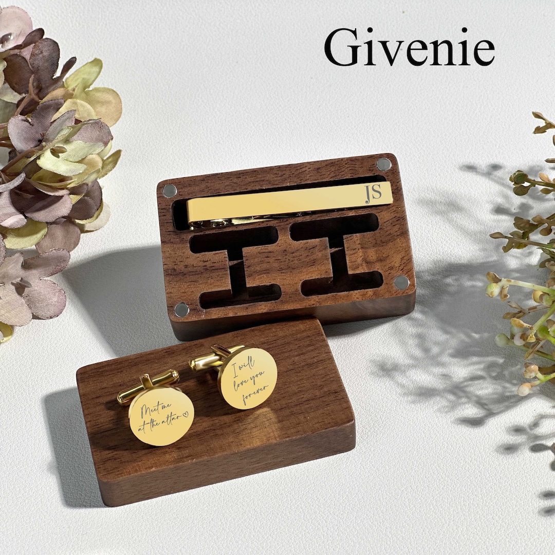Personalized Gold Cufflinks, Custom Cufflink & Tie Clip Set, Engraved
