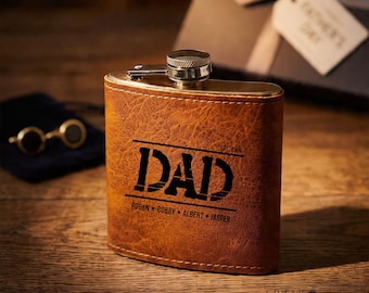 Custom Leather Flask for Dad, Father Day Gift, Hip Flask, Dad Gifts, Flask for Men, Dad Birthday Gift, Christmas Dad Gift, Leather Gift Set