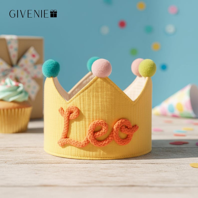 May include: A yellow fabric crown with the name "Leo" in orange yarn. The crown has colorful pom-poms and is likely for a birthday celebration. The background includes a cupcake, gift box, and confetti.