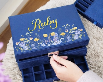 Custom Floral Jewelry Box, Jewelry Storage Box, Women Jewelry Box, Pink Jewelry Organizer, Blue Jewelry Box, Large Jewelry Display,Girl Gift