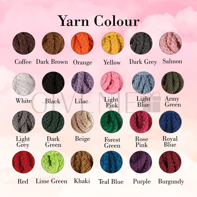May include: A color chart titled "Yarn Colour" displays 24 yarn color options. Colors include Coffee, Orange, Yellow, Salmon, White, Black, Lilac, Light Pink, Light Blue, Army Green, Light Grey, Dark Green, Beige, Forest Green, Rose Pink, Royal Blue, Red, Lime Green, Khaki, Teal Blue, Purple, and Burgundy.