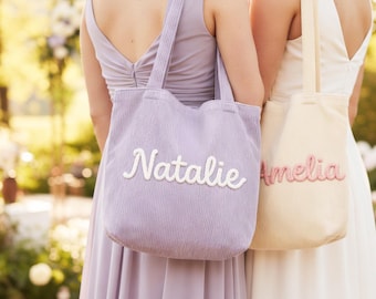 Personalized Corduroy Tote Bag for Women, Bridesmaid Tote, Women Tote Bag, Wedding Party Shoulder Bag, Bachelorette Favor, Gift for Her