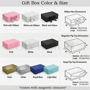 May include: An image showcasing various gift boxes in different colors, including pink, white, black, gold, silver, royal blue, and light blue. The boxes come in different styles, such as ribbon boxes and magnetic flip-top boxes. Dimensions are provided in centimeters.