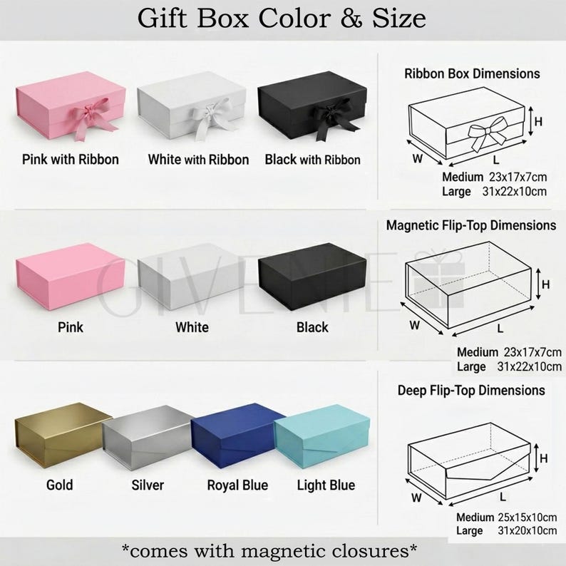 May include: An image showcasing various gift boxes in different colors, including pink, white, black, gold, silver, royal blue, and light blue. The boxes come in different styles, such as ribbon boxes and magnetic flip-top boxes. Dimensions are provided in centimeters.