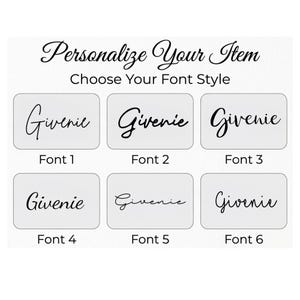 May include: Image showcasing six font styles for item personalization. Each style is displayed with the word "Giverie" in black script on a white background. The text "Personalize Your Item" and "Choose Your Font Style" are also visible.