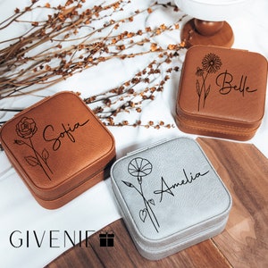 Custom Engraved Jewelry Box, Leather Jewelry Travel Case, Birthflower Jewelry Box, Birthday Gift, Gift for Her