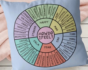 Wheel of Emotions Feelings Chart Pillow Covers, Mental Health Support, OCD Anxiety Recovery Gift Idea, ADHD Pillow Neurodivergent