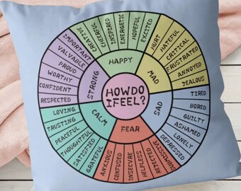 Wheel of Emotions Feelings Chart Pillow Covers, Mental Health Support, OCD Anxiety Recovery Gift Idea, ADHD Pillow Neurodivergent