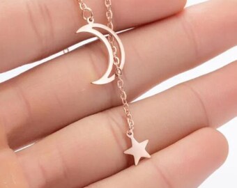 Moon Stars Drop Necklace, Jewelry, Wellbeing Gifts, Simple Necklace, Simplistic Jewelry, Drop Necklace, Moon Star Lover, Stainless Steel