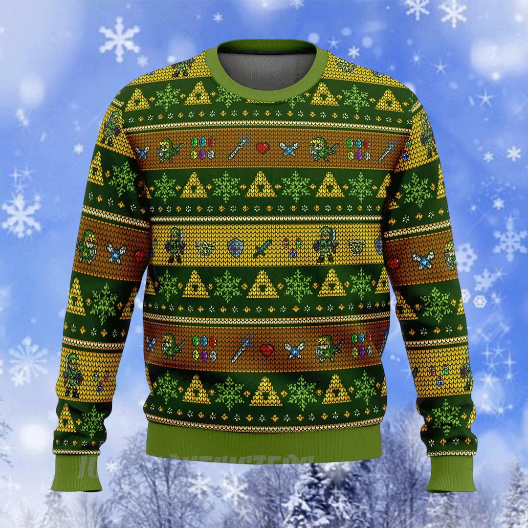 ThinkGeek Video Game Ugly Christmas Sweater Hoodie - Tetris / Zelda - Black Gamer Hoodie Men S-3XL