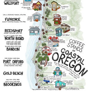 "Oregon Coast Coffee Stands Karte - ""Oregon Coast Coffee Stands"" Landkarte, illustrierte Karte, ungerahmt."