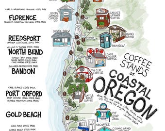 “Operon Coast Coffee Stands Landkarte – Landkarte Landkarte – Roadway 101” Kunstdruck